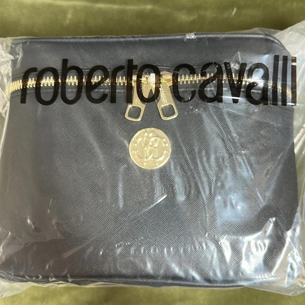 NEW Roberto Cavalli Black Cosmetic Bag Train Case with Gold Accents